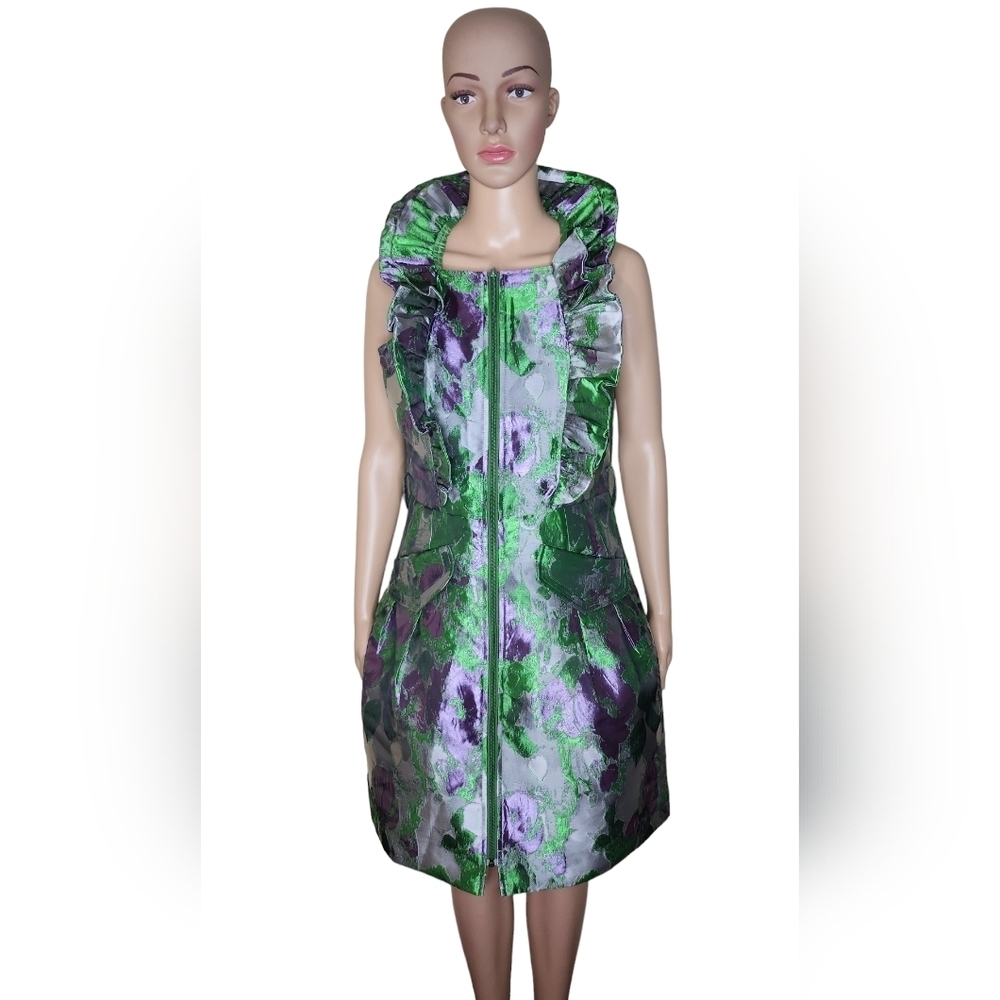 *Samuel Dong women's green purple brocade ruffled collar cocktail dress Sz Small